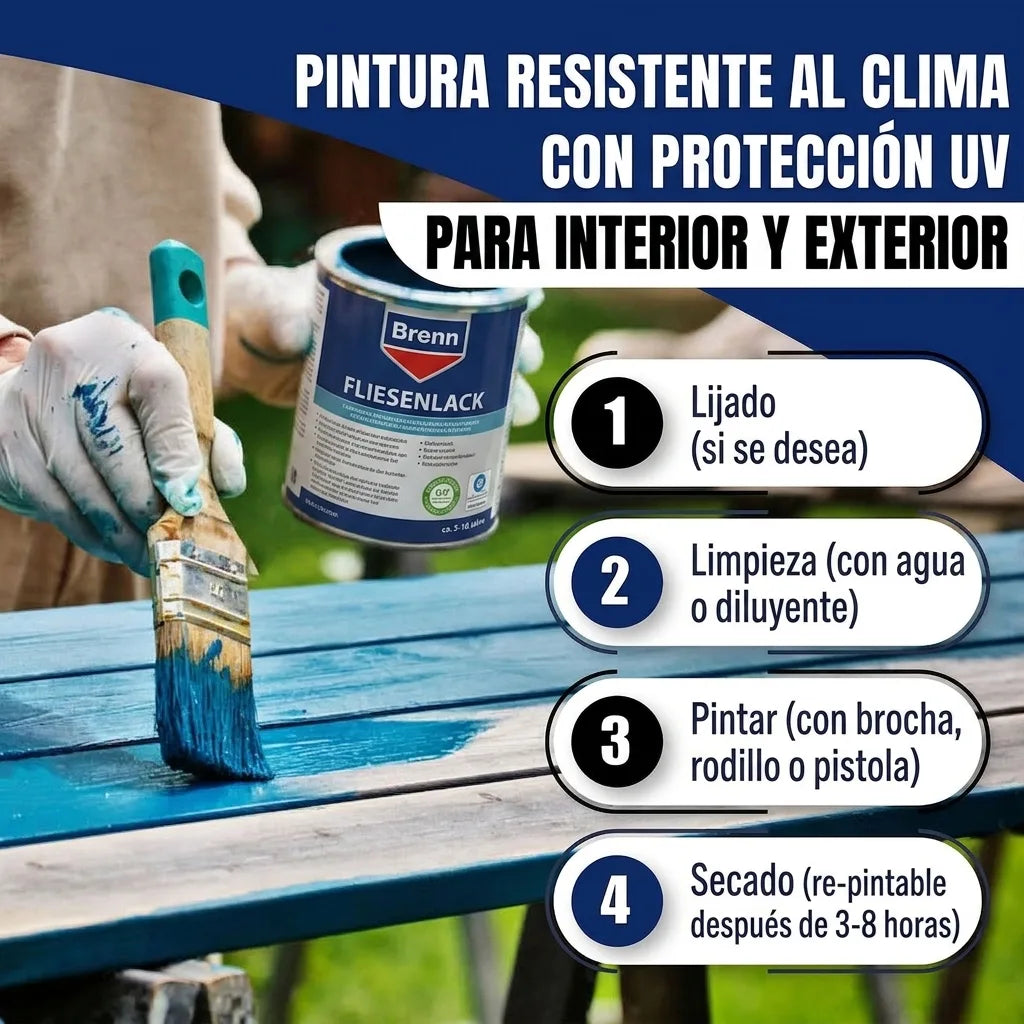 Mano pintando tabla de madera con pintura azul. Pintura intemperie UV para interior/exterior. Pasos: lijar, limpiar, pintar, secar.
