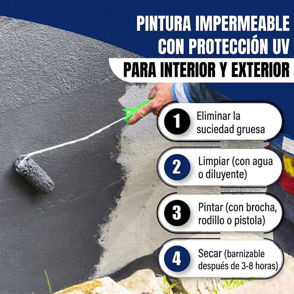 Pintura resistente a la intemperie con protección UV para interiores y exteriores. Pasos de aplicación: limpiar, pintar, secar.
