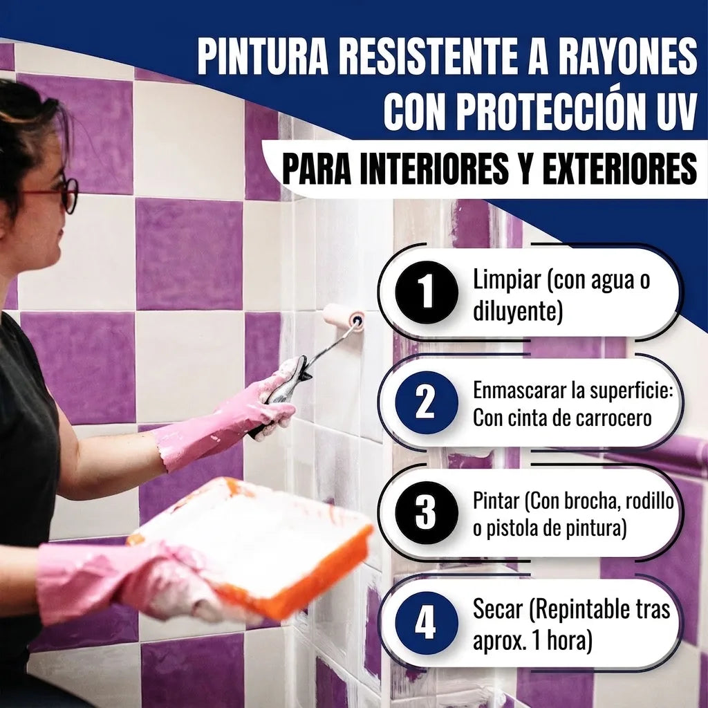Mujer pintando azulejos de baño. Banner: pintura resistente a arañazos con protección UV para interiores y exteriores. Lista de pasos: limpi