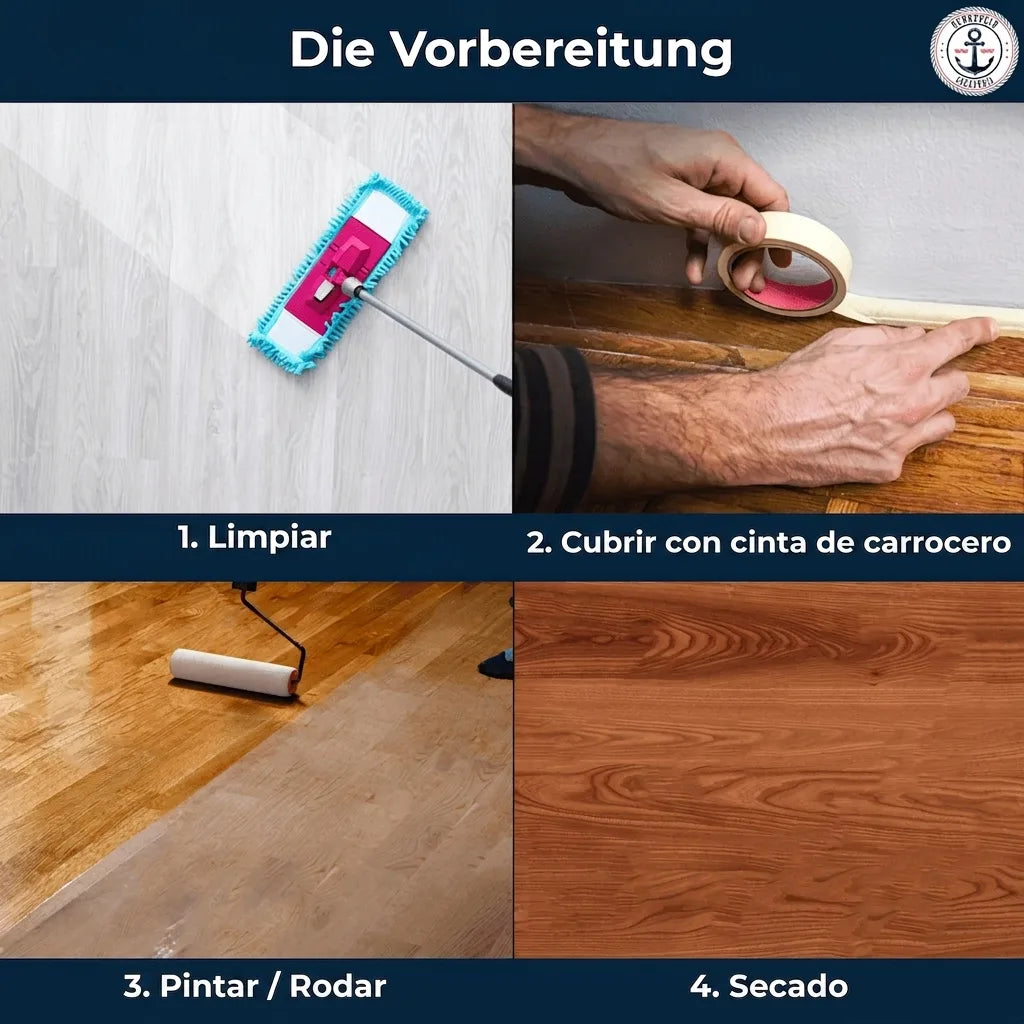 Imagen con cuatro paneles que muestran los pasos para preparar y tratar un suelo de madera: 1. Limpiar, 2. Cubrir con cinta de pintor, 3. Pi