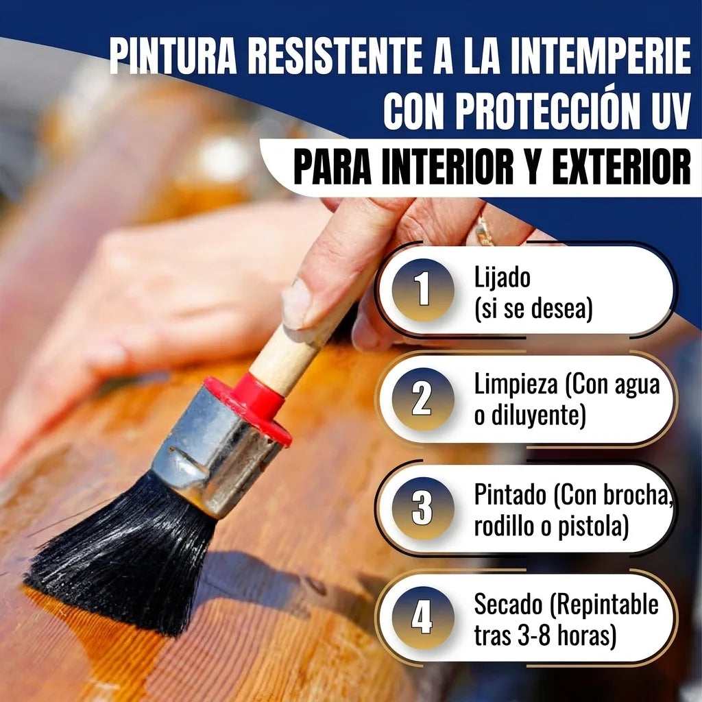 Instrucciones de aplicación de pintura resistente a la intemperie con protección UV para interiores y exteriores.