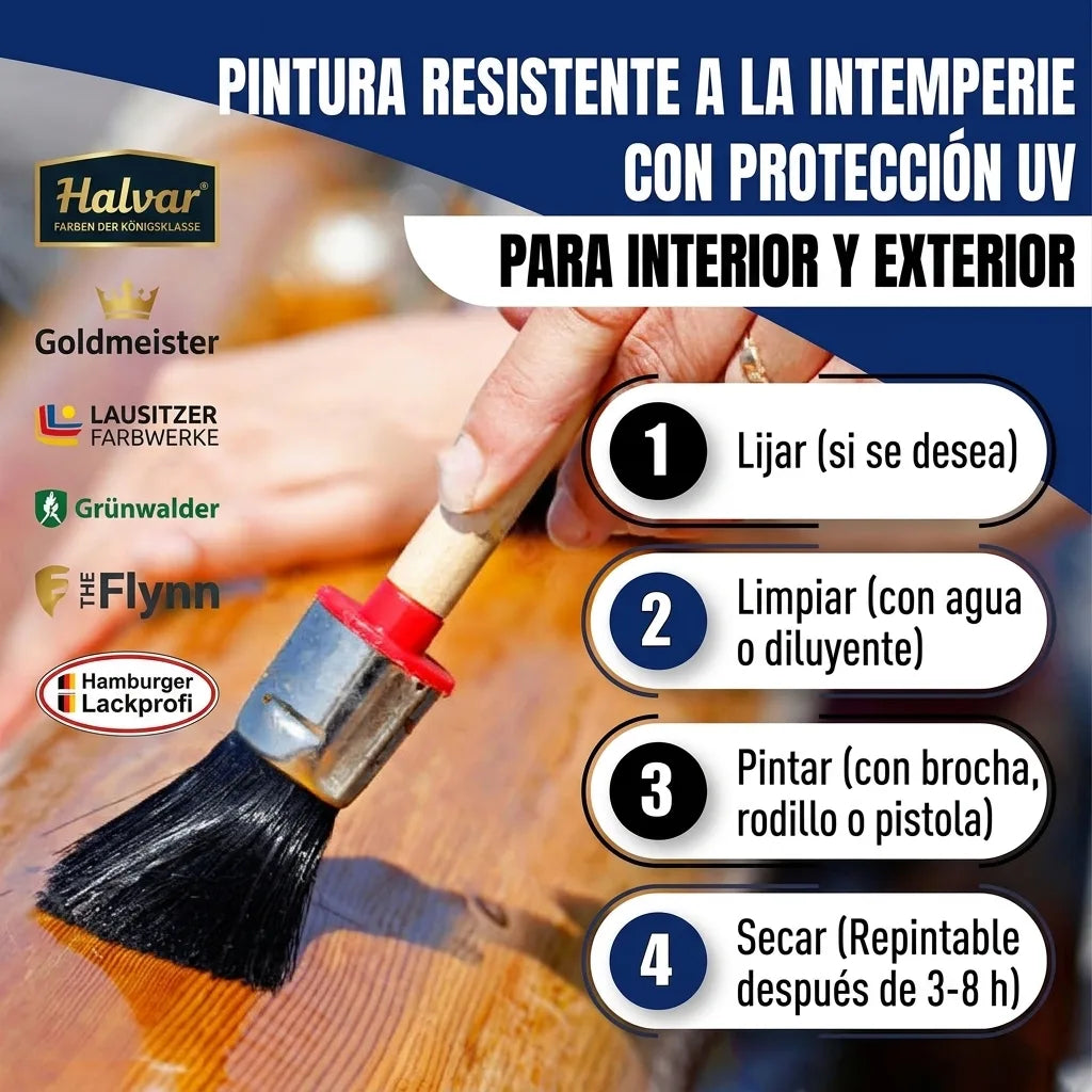 Mano pintando madera con brocha. Texto alemán: pintura intemperie con protección UV para interior/exterior y 4 pasos: lijar, limpiar, pintar