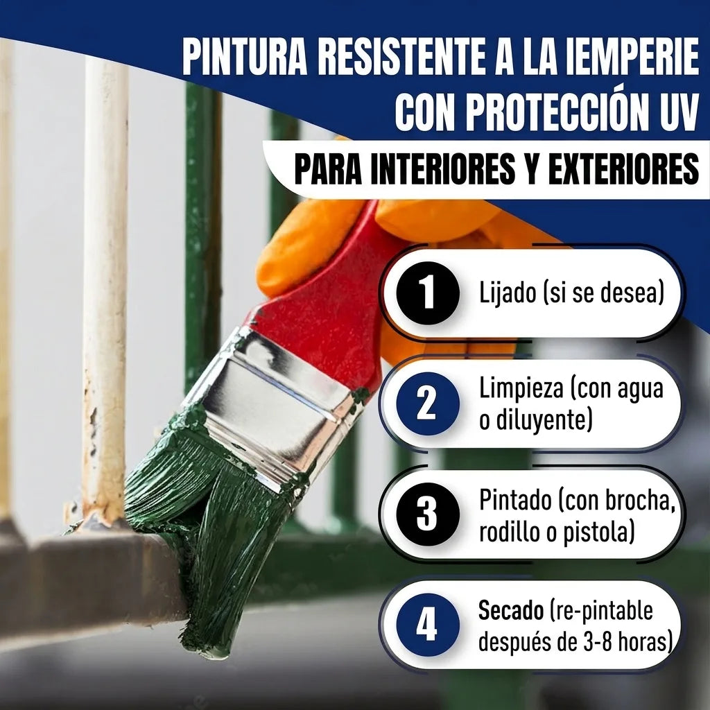 Pintando una barandilla con pintura verde. Pasos de aplicación: lijar, limpiar, aplicar con brocha/rodillo, secar. Protección UV interior/ex