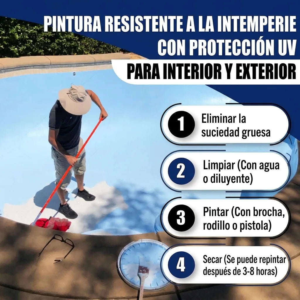Hombre pintando una piscina. Pasos para aplicar pintura resistente a la intemperie y a los rayos UV para interior y exterior.