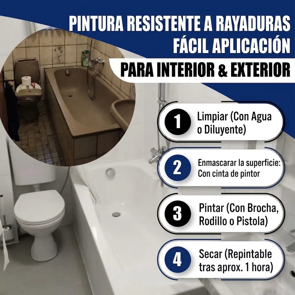 Pintura resistente a arañazos para bañeras. Antes y después de un baño, con instrucciones de 4 pasos.