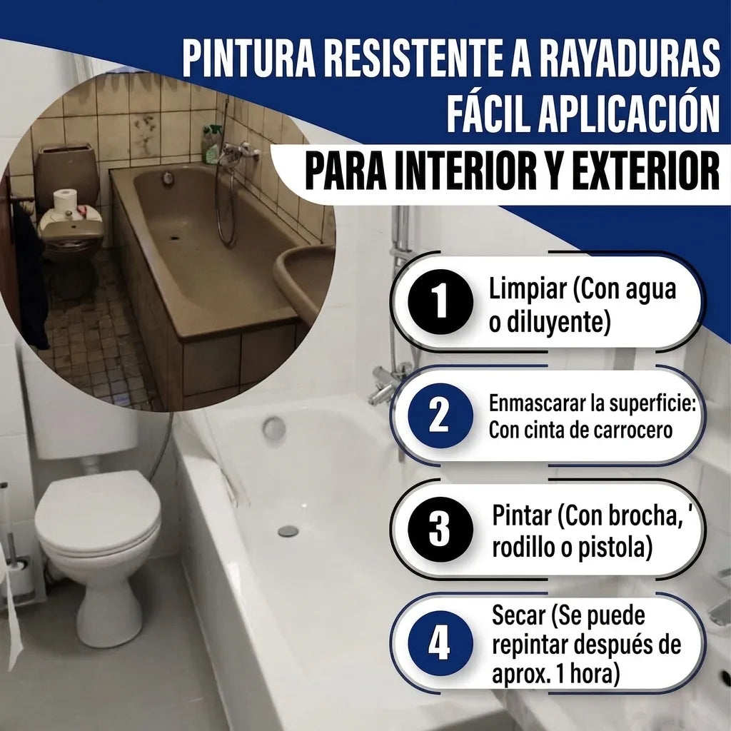 Pintura resistente a arañazos para renovación de baño: antes y después de bañera marrón a blanca, con 4 pasos de aplicación.