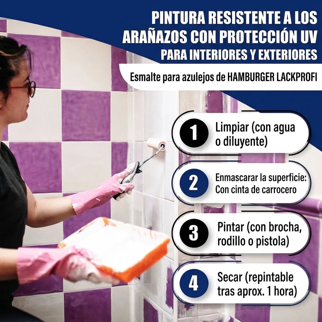 Pintura anti-rayas UV para interior/exterior. Mujer pinta azulejos. Guía de uso: limpiar, enmascarar, pintar, secar.
