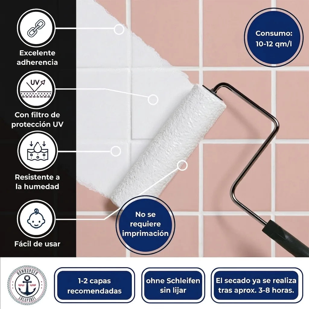 Pintura blanca para azulejos: adherencia superior, protección UV, resistente a humedad, fácil, sin imprimación.