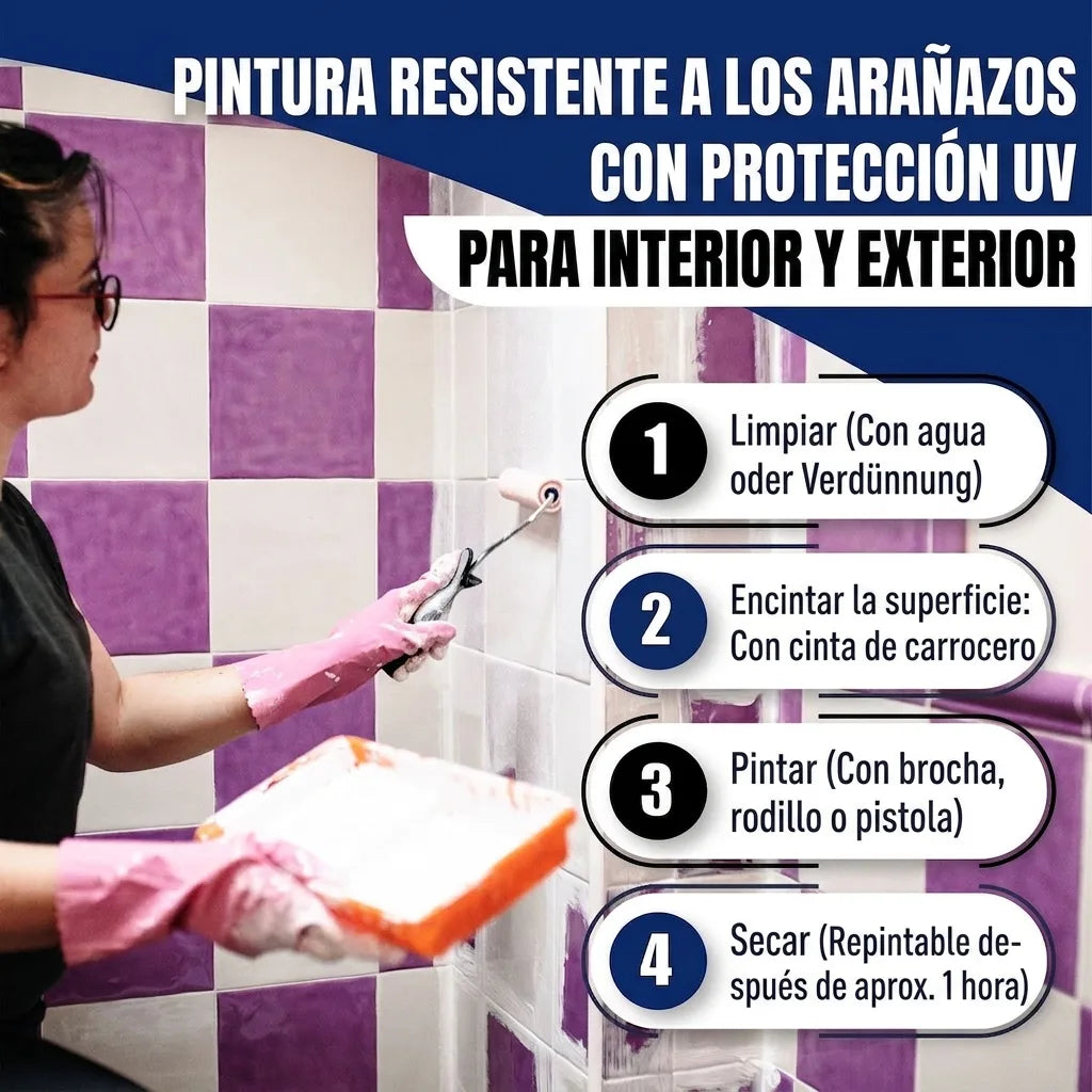 Mujer pintando azulejos. Texto: pintura resistente a arañazos y UV, para interior/exterior, con 4 pasos de aplicación.