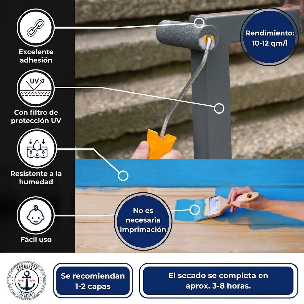 Pintura con alta adherencia, protección UV y humedad. Fácil uso, sin imprimación. 10-12m²/l. Secado 3-8h.