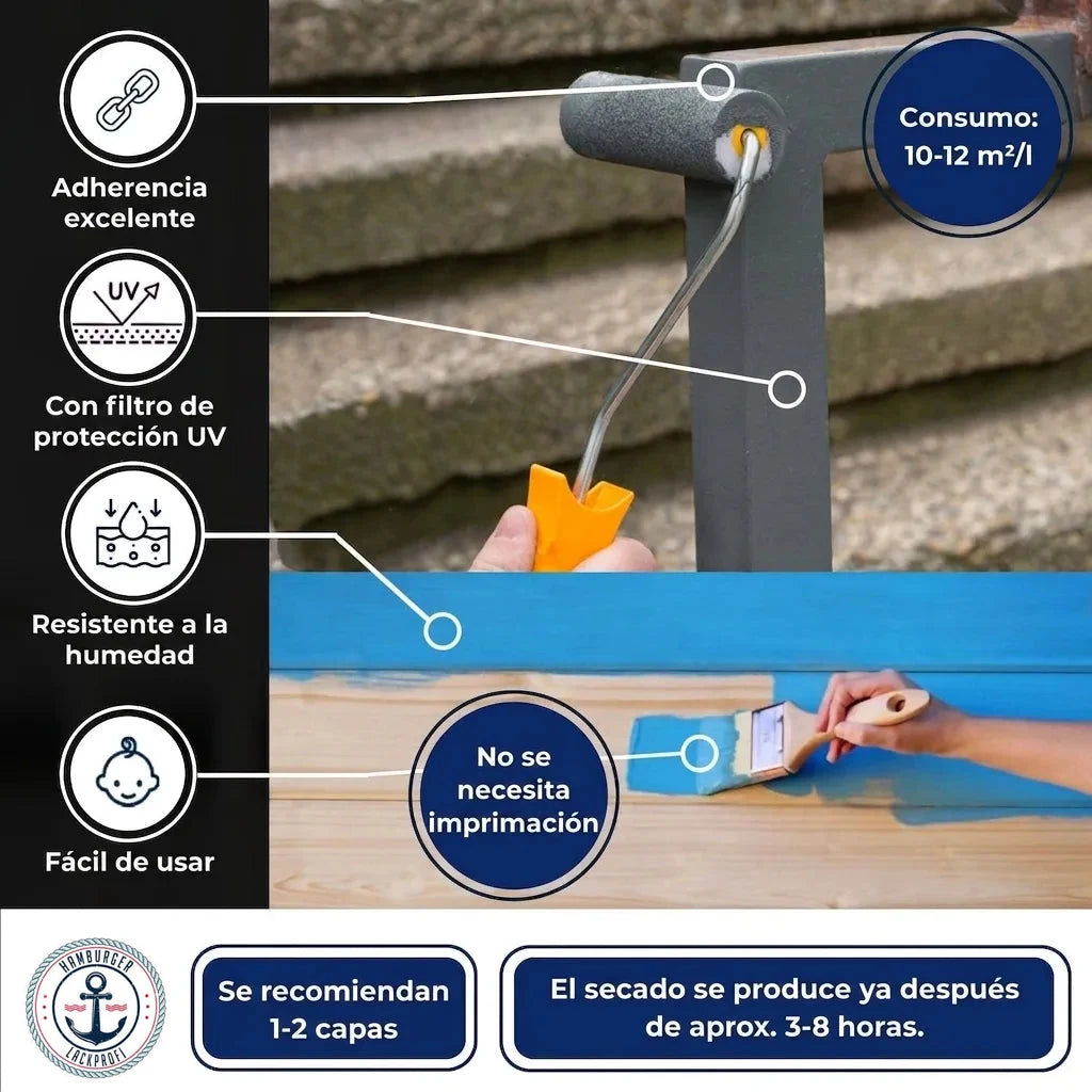 Pintura con alta adherencia, protección UV y humedad. Fácil uso, sin imprimación. 10-12m²/l. Secado 3-8h.