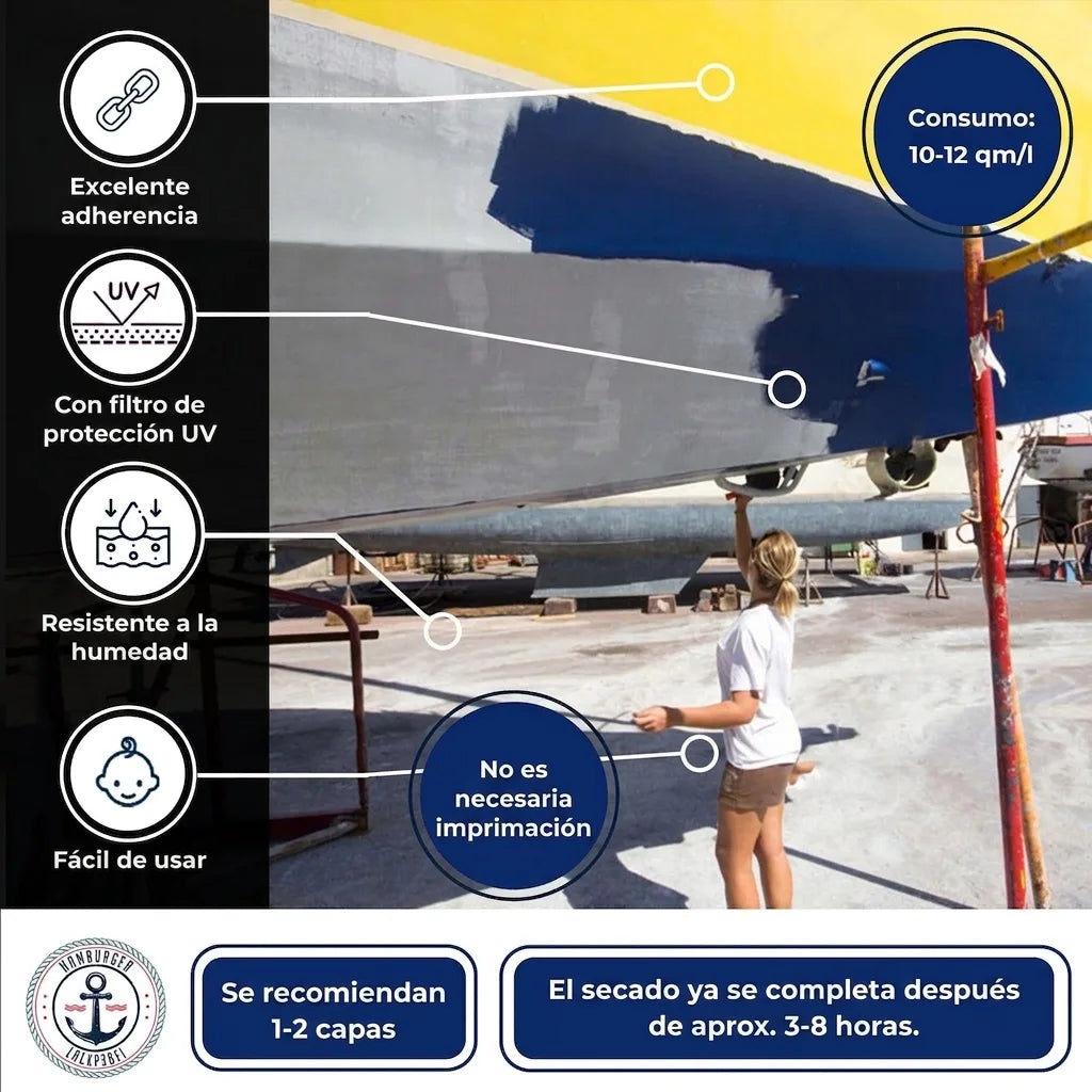 Pintura para casco de barco: excelente adhesión, UV, resistente a humedad, fácil uso, sin imprimación, secado 3-8h.