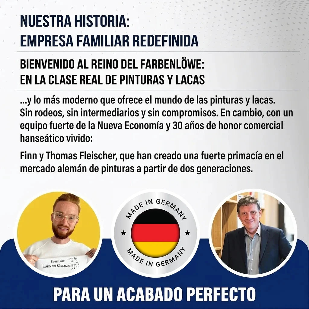 Historia de FarbenLöwe: empresa familiar de pinturas y lacas, con Finn y Thomas Fleischer. Hecho en Alemania, para un acabado perfecto.