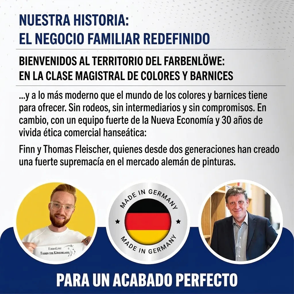 Texto alemán sobre una empresa familiar de pinturas, con fotos de Finn y Thomas Fleischer y sello 'Made in Germany'.