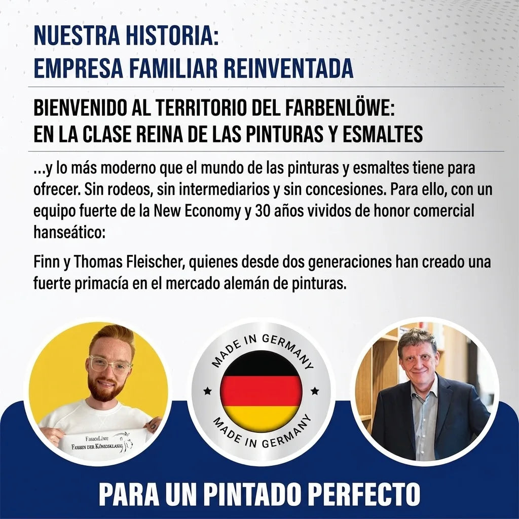 Empresa familiar alemana Farbenlöwe: pinturas y barnices de alta calidad, con Finn y Thomas Fleischer. Hecho en Alemania.