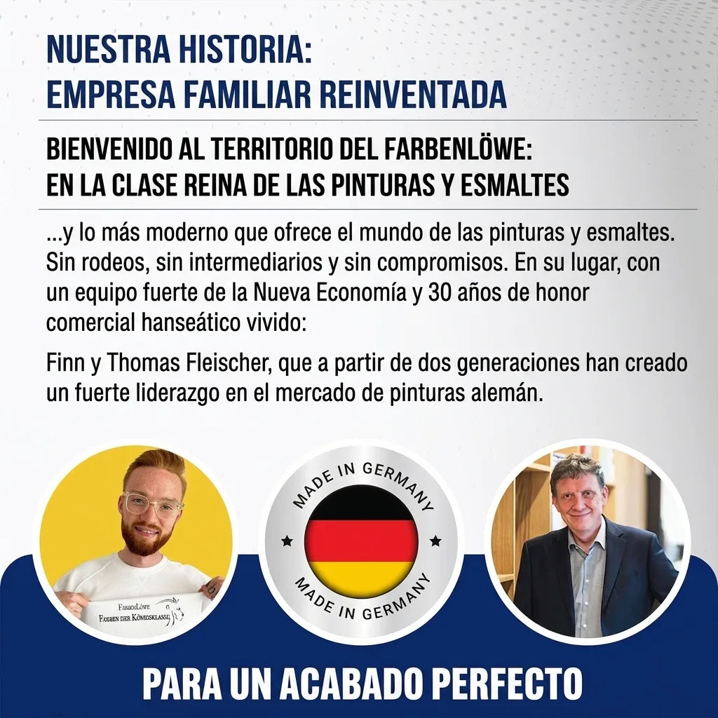 Finn y Thomas Fleischer de empresa familiar alemana de pinturas. Texto: 'Nuestra historia: Empresa familiar redefinida', 'Made in Germany'.
