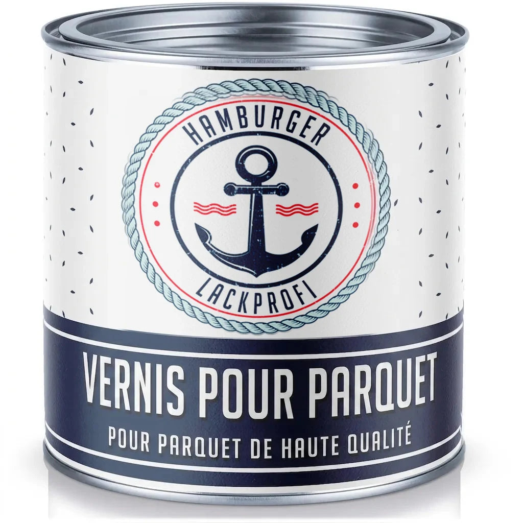 Bidon de vernis parquet Hamburger Lackprofi pour parquets de haute qualité, avec ancre marine, couleur bleu et blanc.