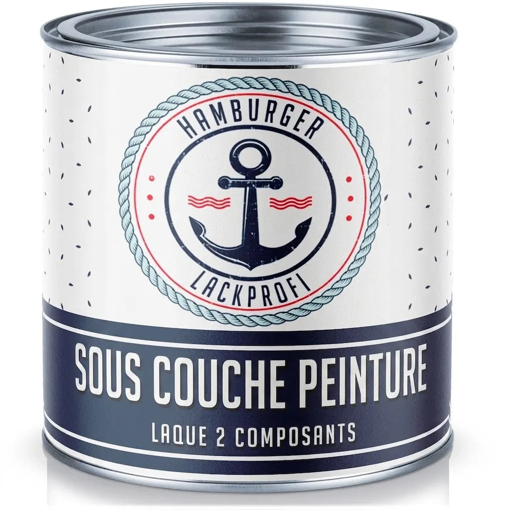 Pot de peinture blanc et bleu 'Hamburger Lackprofi' : apprêt et laque 2 composants, design nautique avec ancre.