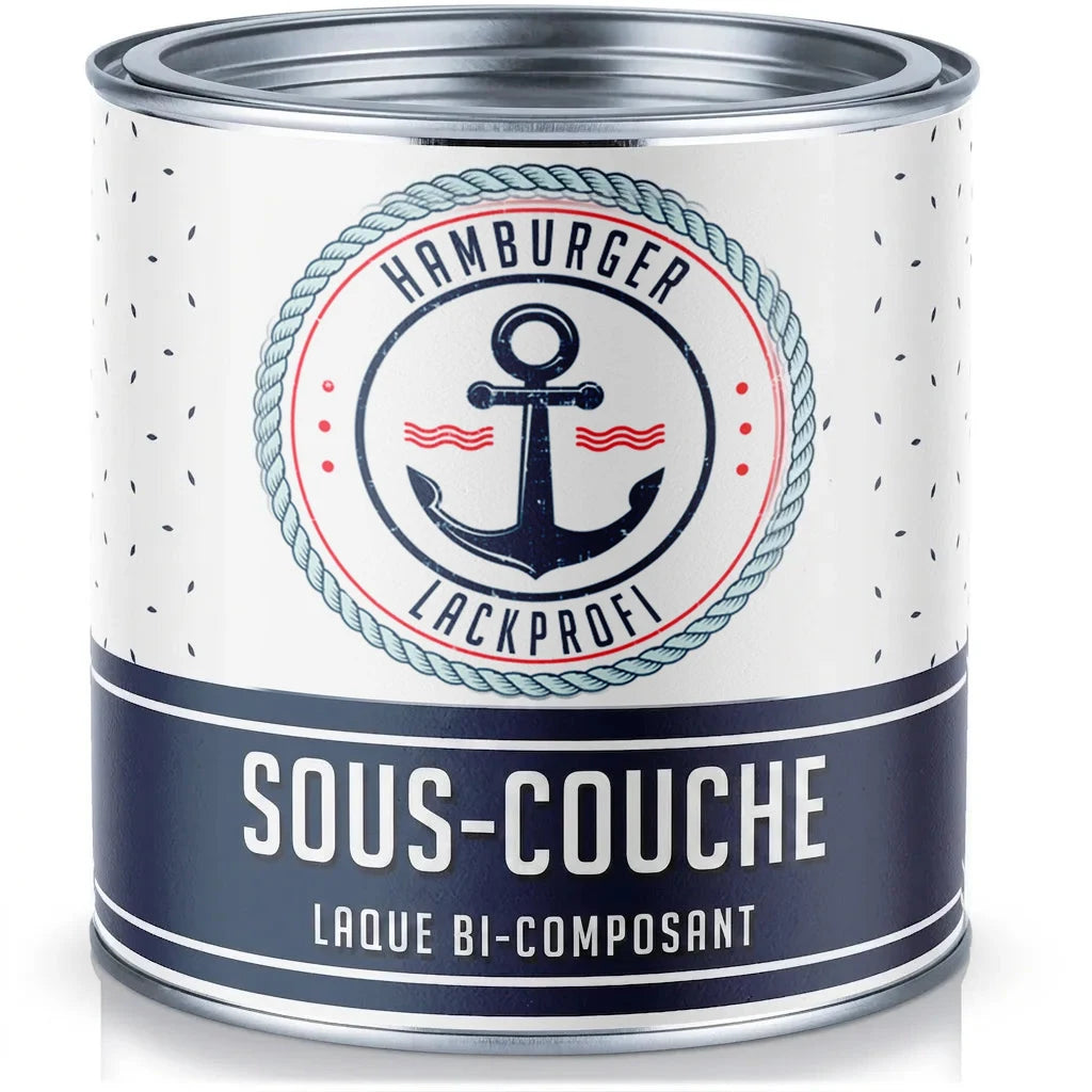 Pot de peinture blanc et bleu 'Hamburger Lackprofi' : apprêt et laque 2 composants, design nautique avec ancre.