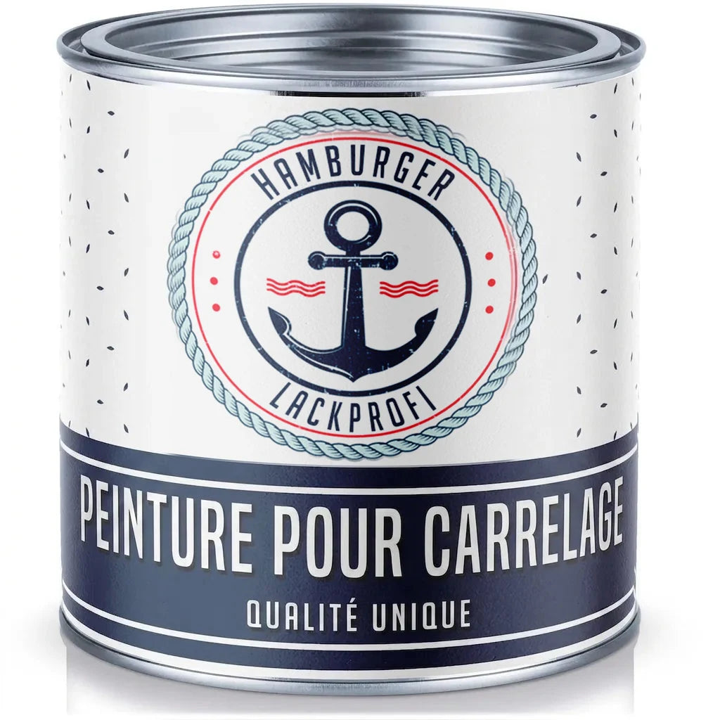 Pot de peinture blanc Hamburger Lackprofi pour carrelage, avec ancre marine et inscription « Qualité unique ».
