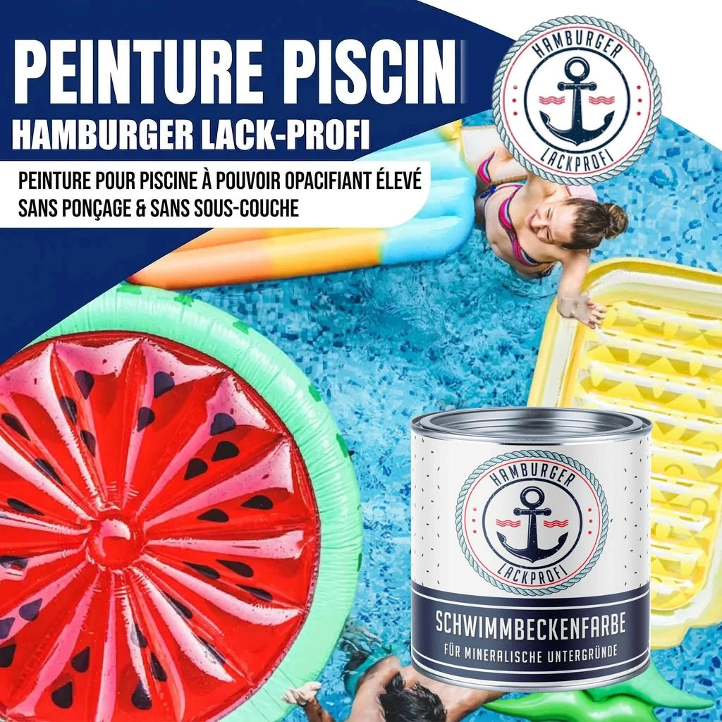 Peinture piscine "HAMBURGER LACK-PROFI" avec femme, matelas gonflables. Texte: "SCHWIMMBECKENFARBE".