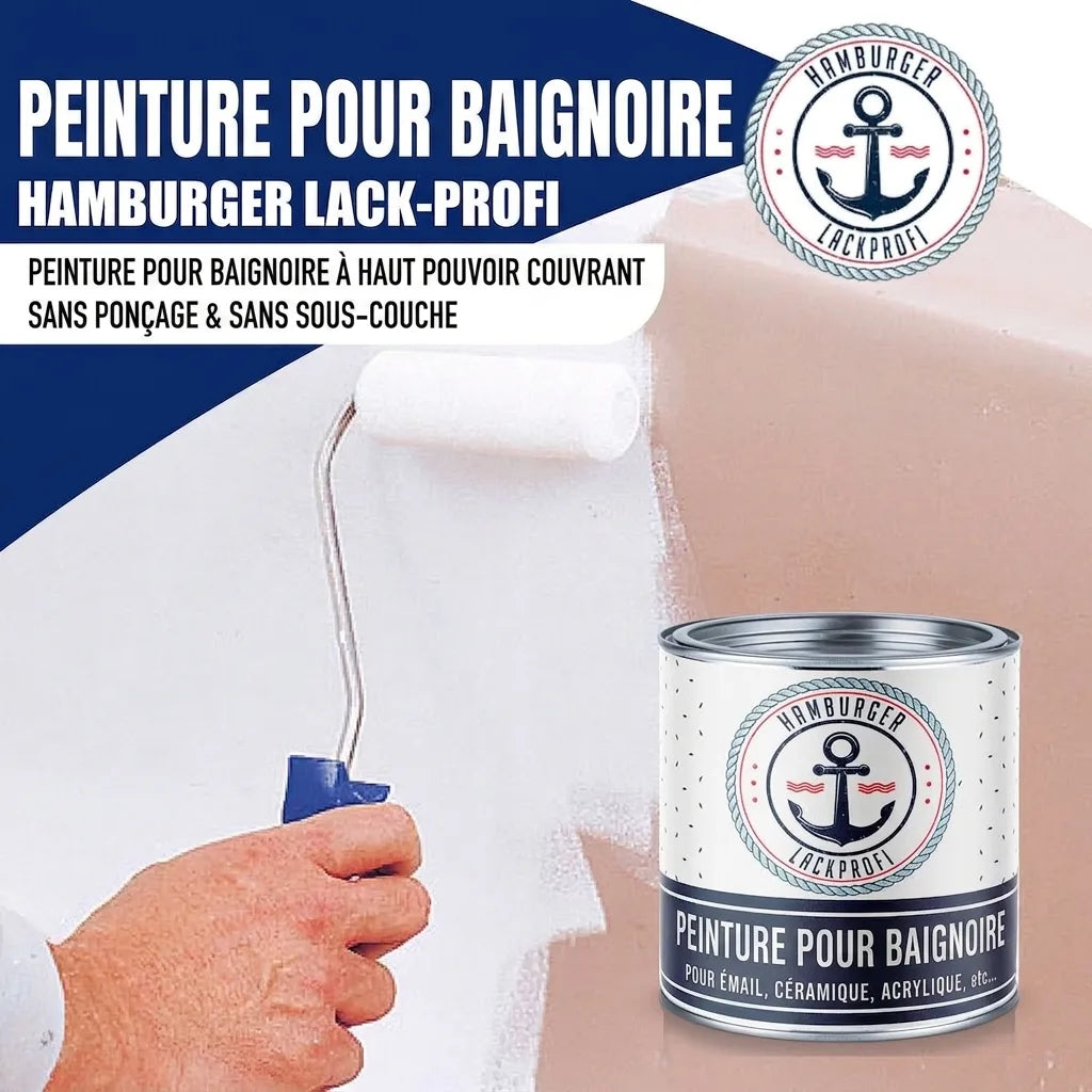 Une personne peint une surface en blanc avec un rouleau, à côté d'une boîte de peinture pour baignoire (BADEWANNENLACK).
