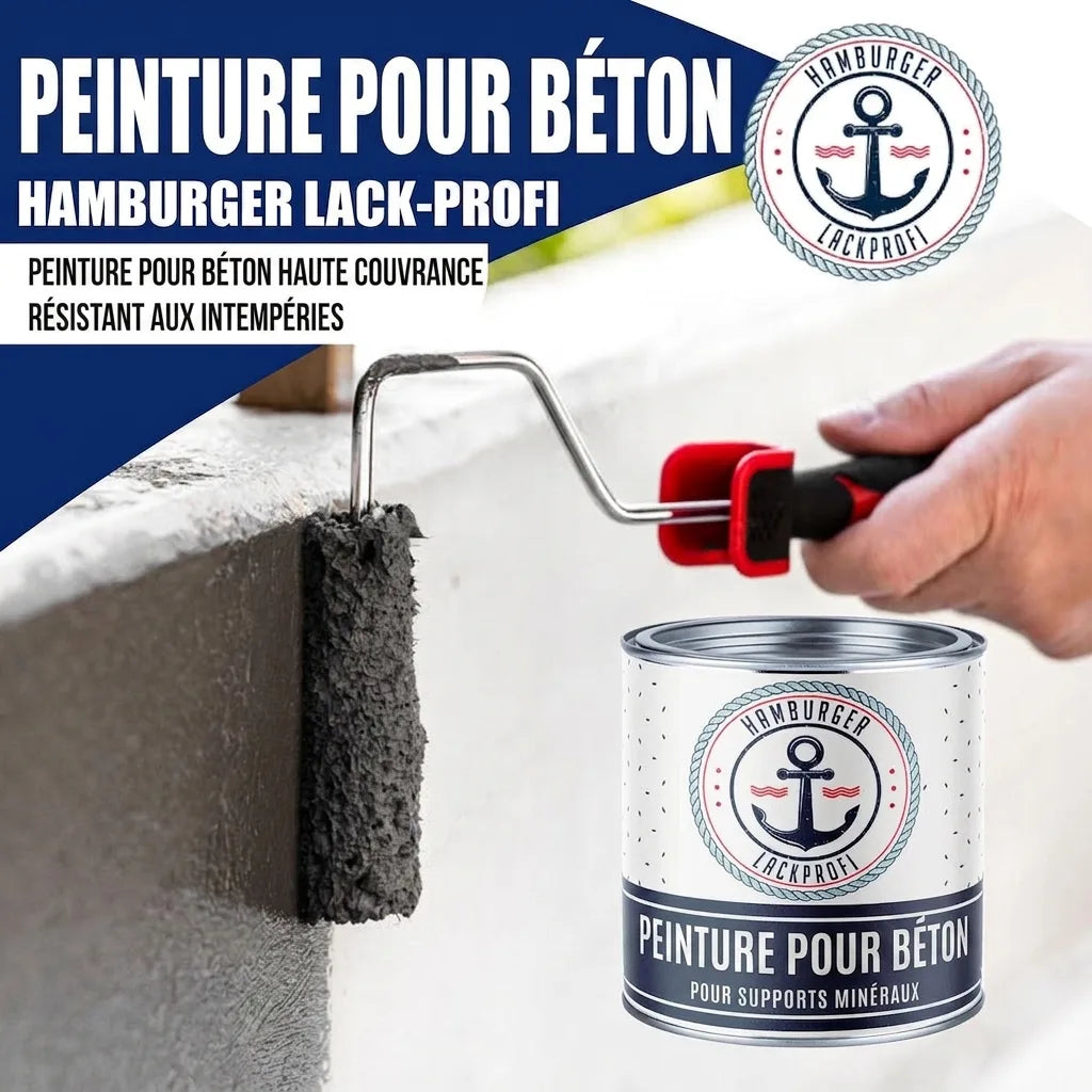 Peinture béton gris Hamburger Lack-Profi appliquée au rouleau, avec pot. Haute couvrance, résistant intempéries.
