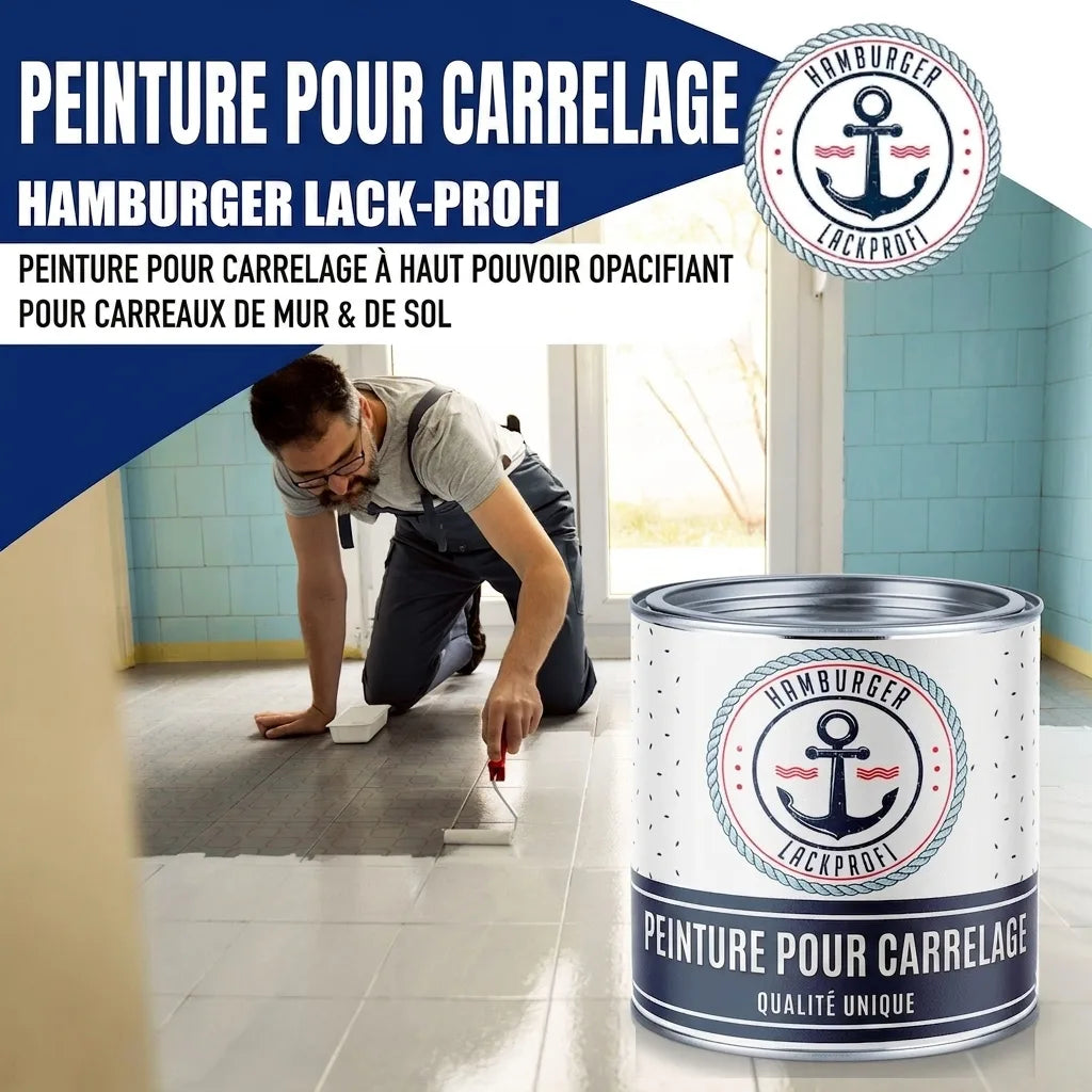 Peinture carrelage Fliesenlack Hamburger Lack-Profi. Un homme rénove le sol. Haute couvrance pour murs et sols.