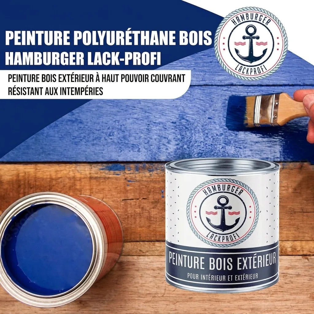 Application de peinture bois bleue PU Hamburger Lack-Profi sur planches, pot ouvert et fermé. Intérieur/extérieur.