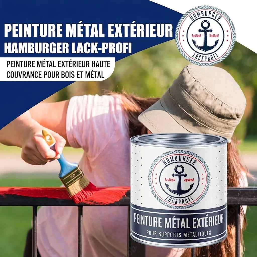 Personne appliquant la peinture de protection métal/bois Hamburger Lack-Profi sur une balustrade rouge.