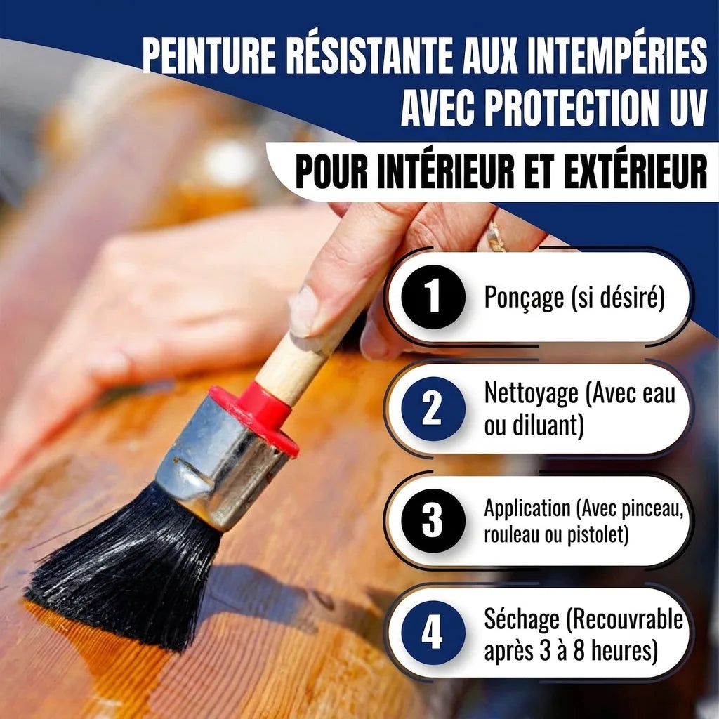 Peinture bois résistante UV int/ext. Guide d'application : ponçage, nettoyage, application au pinceau, séchage.
