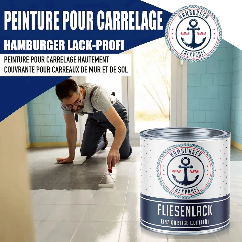 Peinture pour carrelage Hamburger Lack-Profi. Homme peignant un sol, pot de peinture "FLIESENLACK".