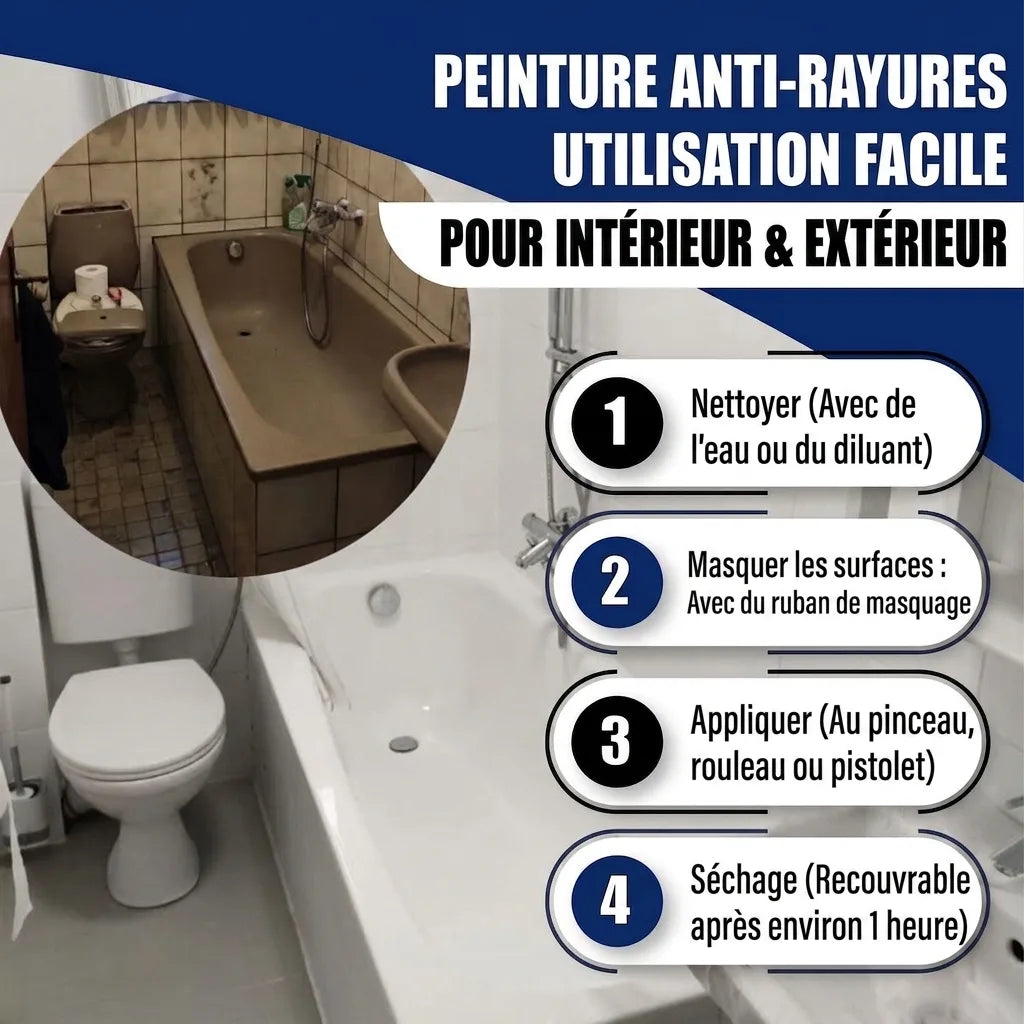 Peinture anti-rayures facile à appliquer pour intérieur/extérieur. Guide de rénovation de baignoire en 4 étapes.