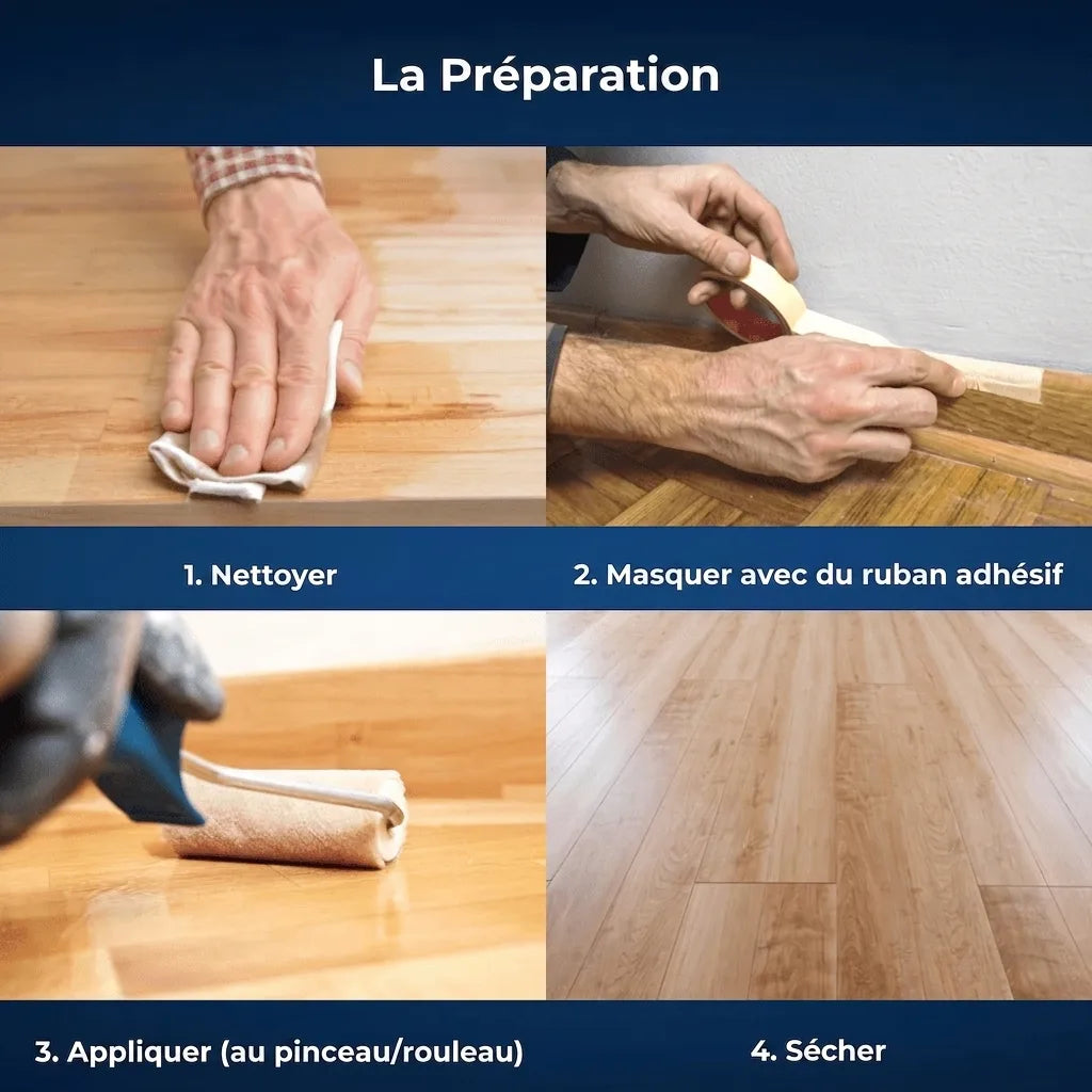 Étapes de préparation et finition d'un sol/surface en bois : nettoyage, masquage, application, séchage.