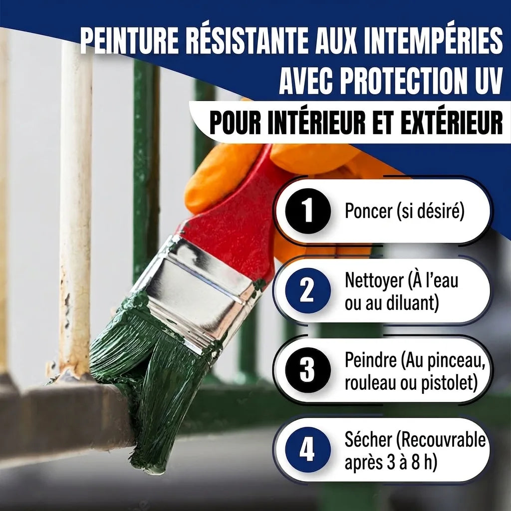 Peinture verte appliquée sur une clôture métallique. Texte: Peinture résistante aux intempéries avec protection UV et 4 étapes d'application
