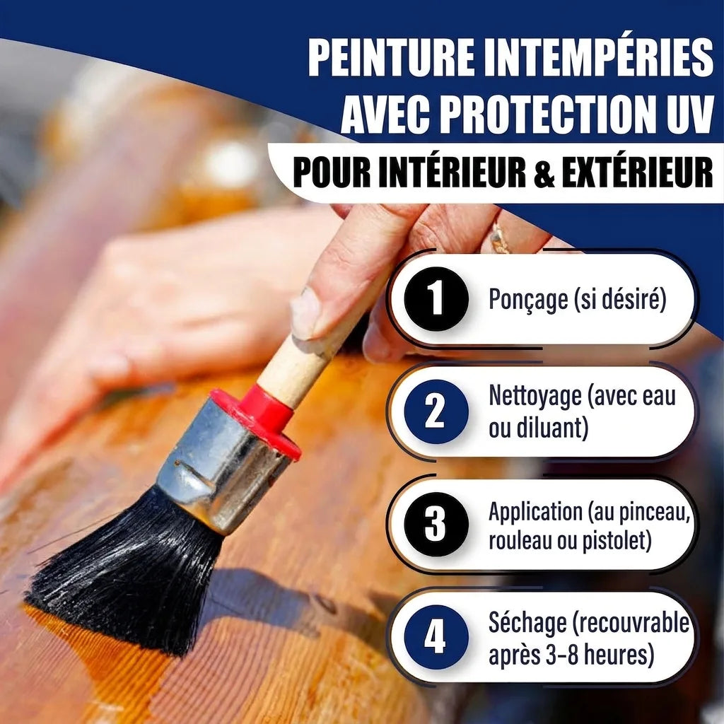 Peinture bois résistante UV intérieur/extérieur. Étapes: poncer, nettoyer, appliquer au pinceau, sécher.