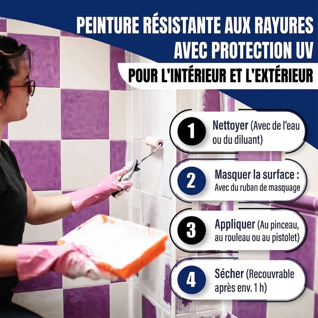 Femme peignant des carreaux. Texte allemand : Peinture anti-rayures UV int/ext, 4 étapes d'application.