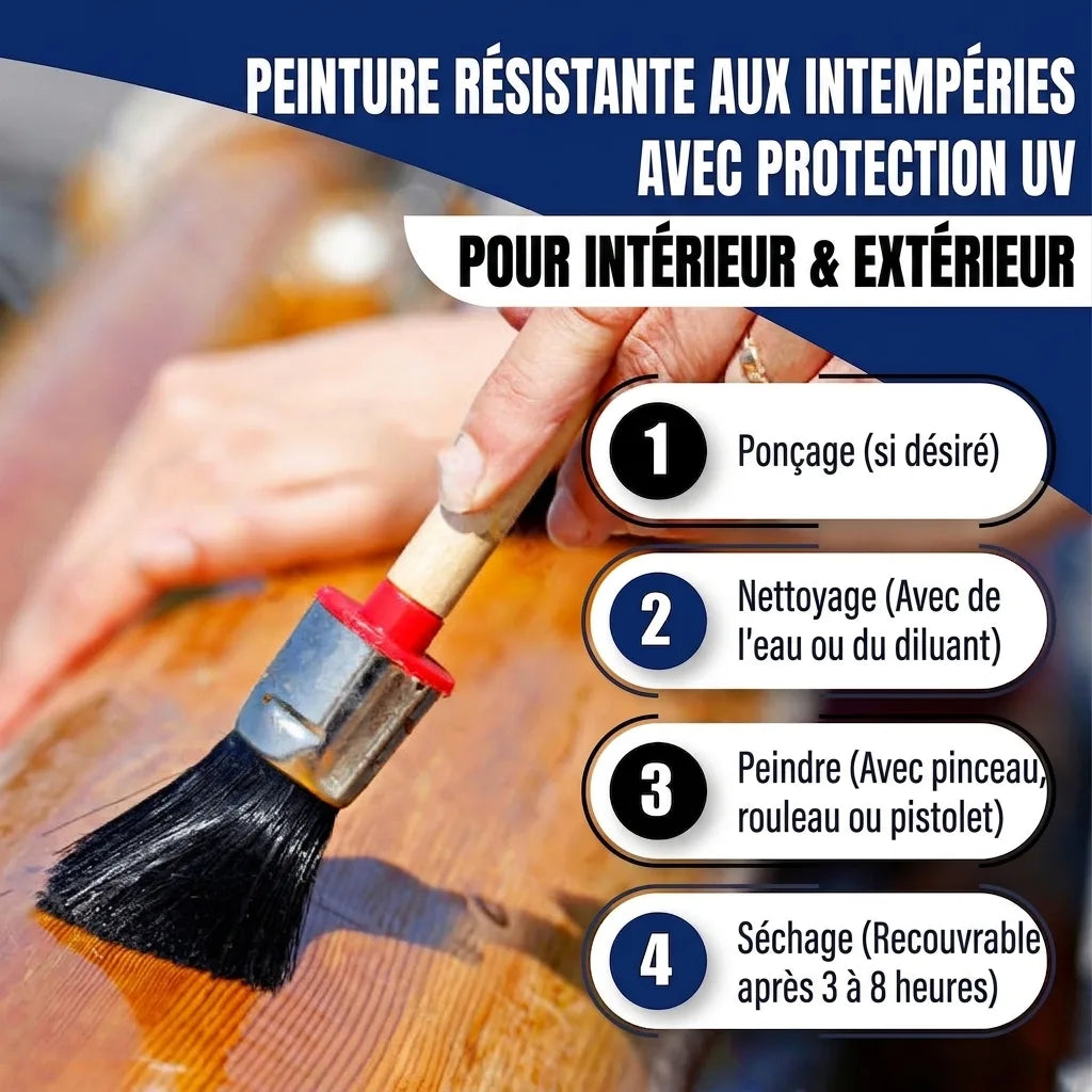 Peinture bois résistante UV int/ext. Guide d'application : ponçage, nettoyage, application au pinceau, séchage.