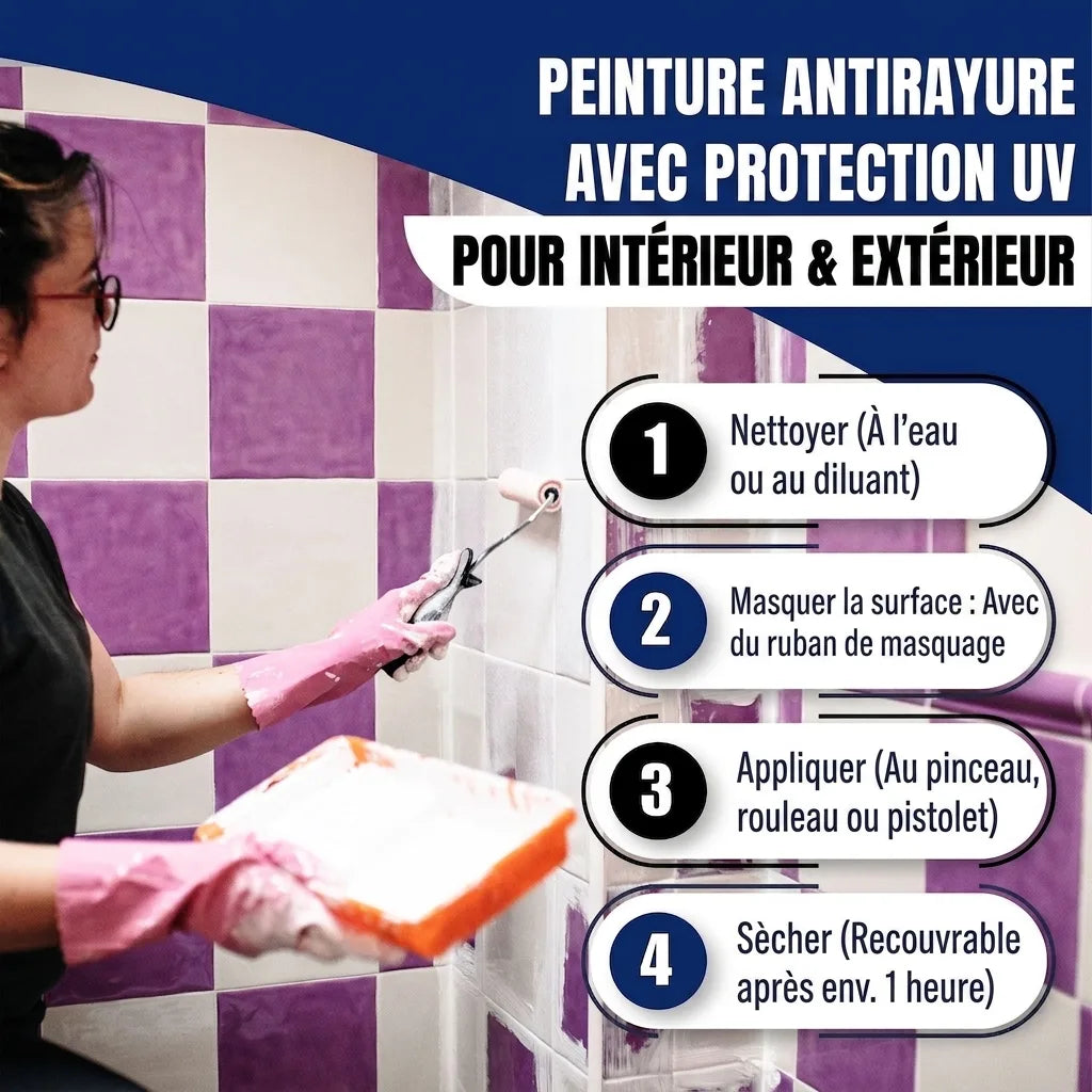 Femme peignant des carreaux, montrant les étapes d'application. Peinture anti-rayures UV intérieur/extérieur.