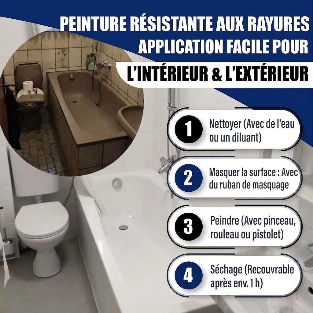 Image avant/après rénovation d'une salle de bain avec peinture anti-rayures facile, intérieur/extérieur et instructions.