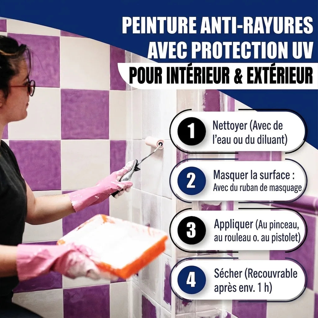 Une femme peint des carreaux violets. Instructions pour peinture anti-rayures UV intérieur/extérieur.