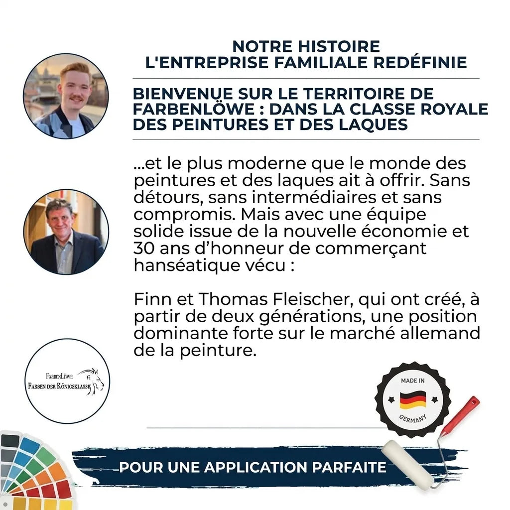Page d'information sur FarbenLöwe, entreprise familiale allemande de peinture, avec photos de Finn et Thomas Fleischer.