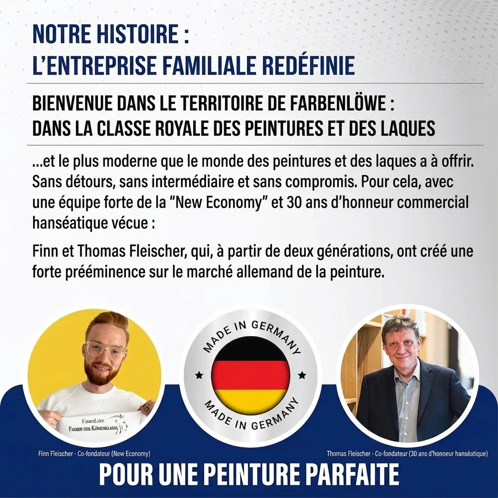 Marketing Farbenlöwe: entreprise familiale allemande de peintures et laques, ses fondateurs, avec un sceau 'Made in Germany'.