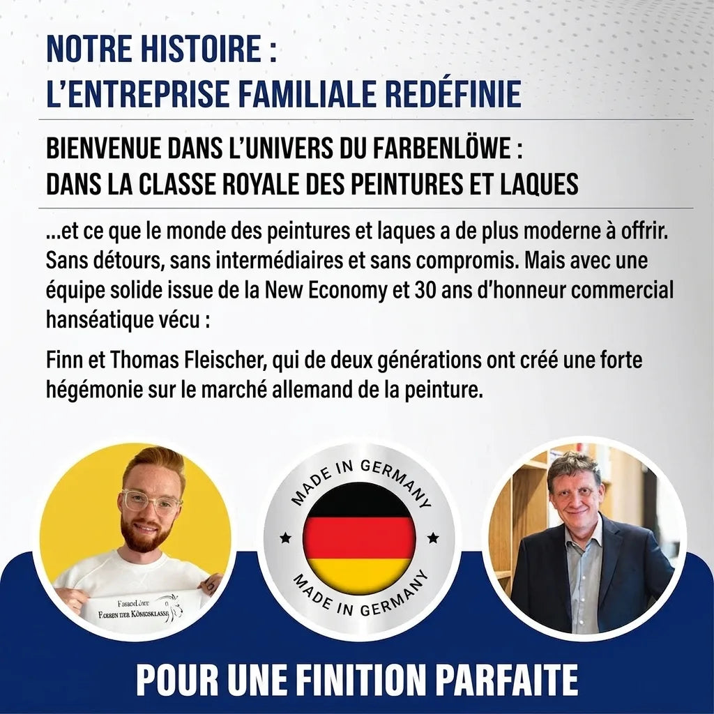 Image publicitaire d'une entreprise familiale allemande de peinture, présentant Finn et Thomas Fleischer et le label 'Made in Germany'.
