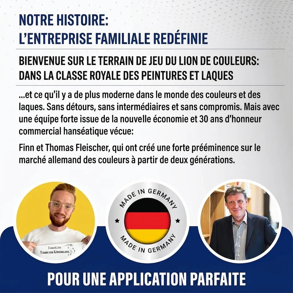 Page sur l'entreprise familiale allemande Farbenlöwe, spécialisée en peintures haut de gamme, avec ses fondateurs.