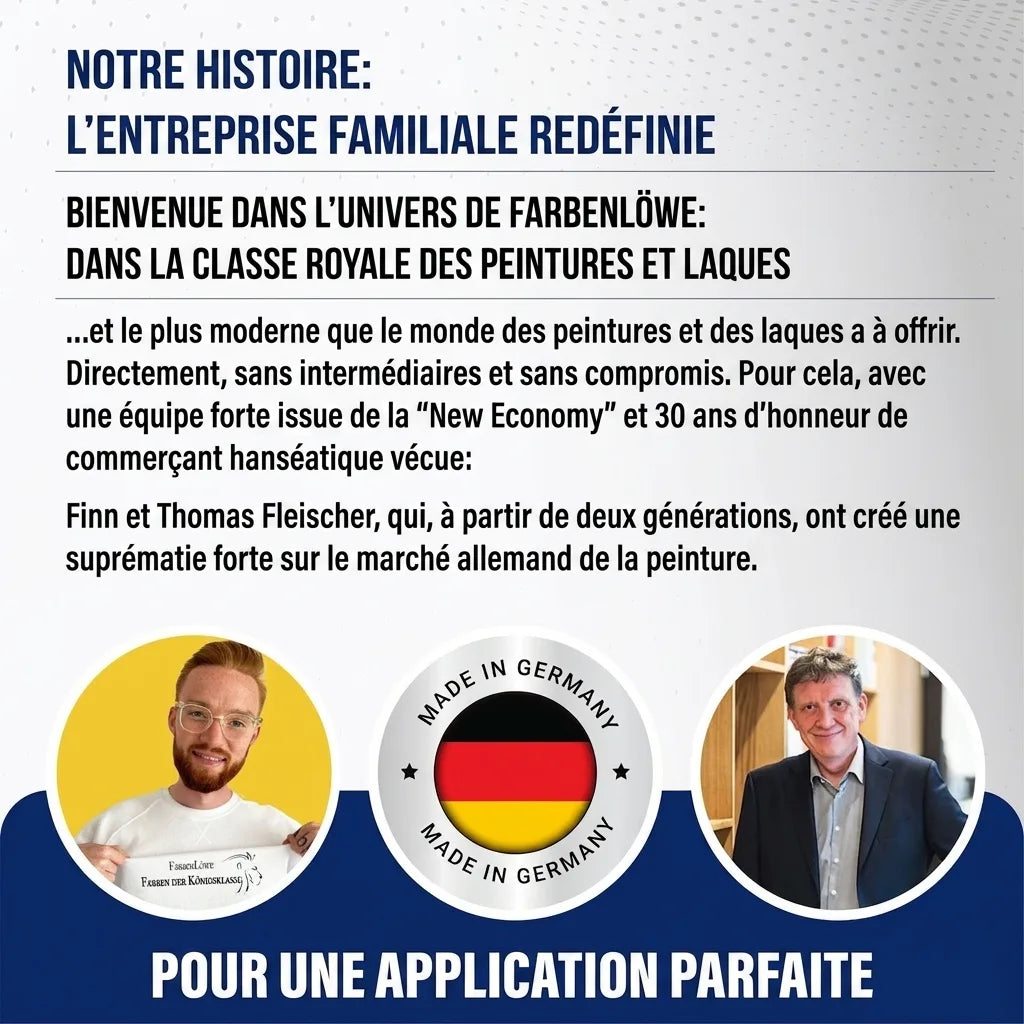 Image publicitaire allemande Farbenlöwe: entreprise familiale de peinture, avec fondateurs et "Made in Germany".