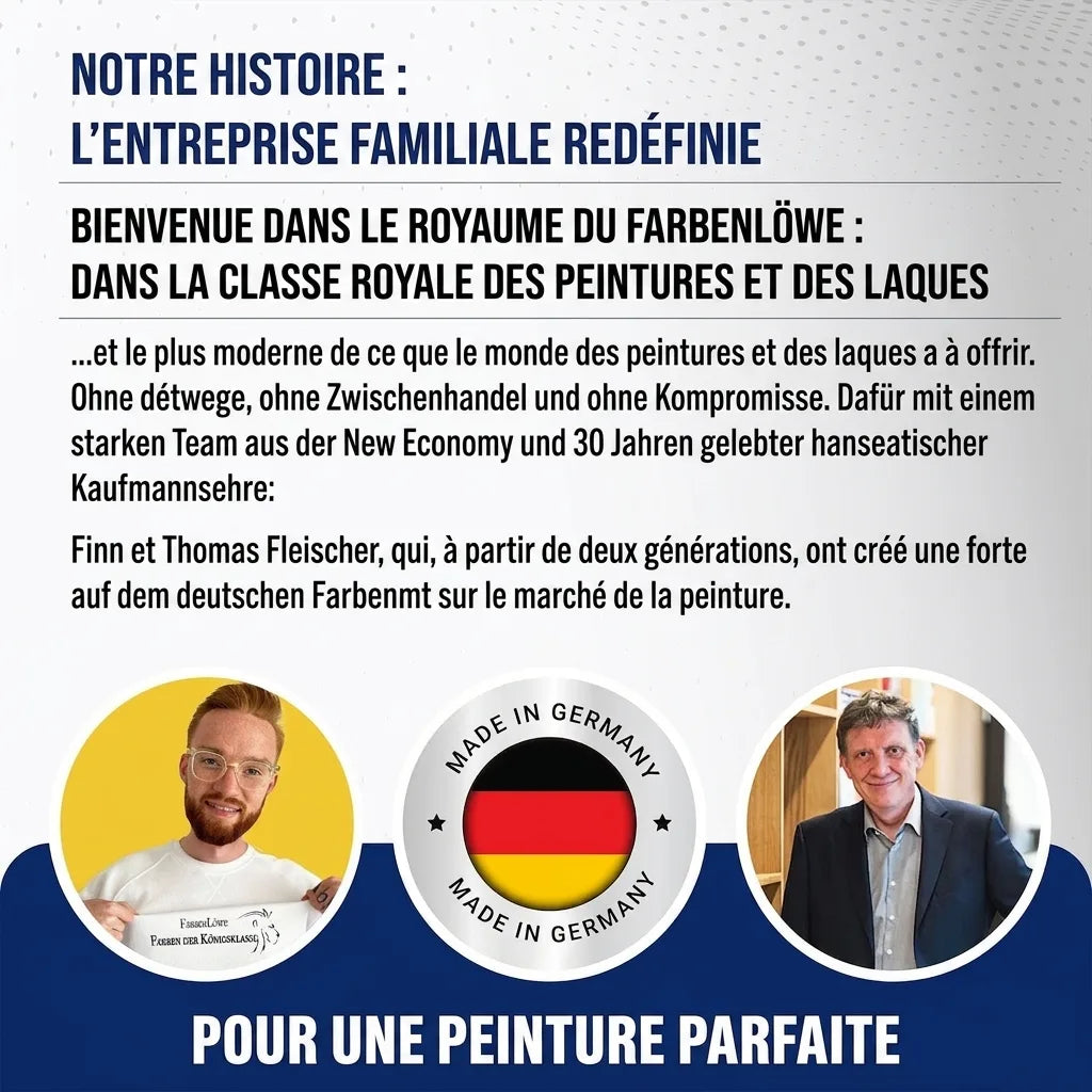 Publicité FarbenLöwe: entreprise familiale allemande de peinture. Finn et Thomas Fleischer, qualité Made in Germany.