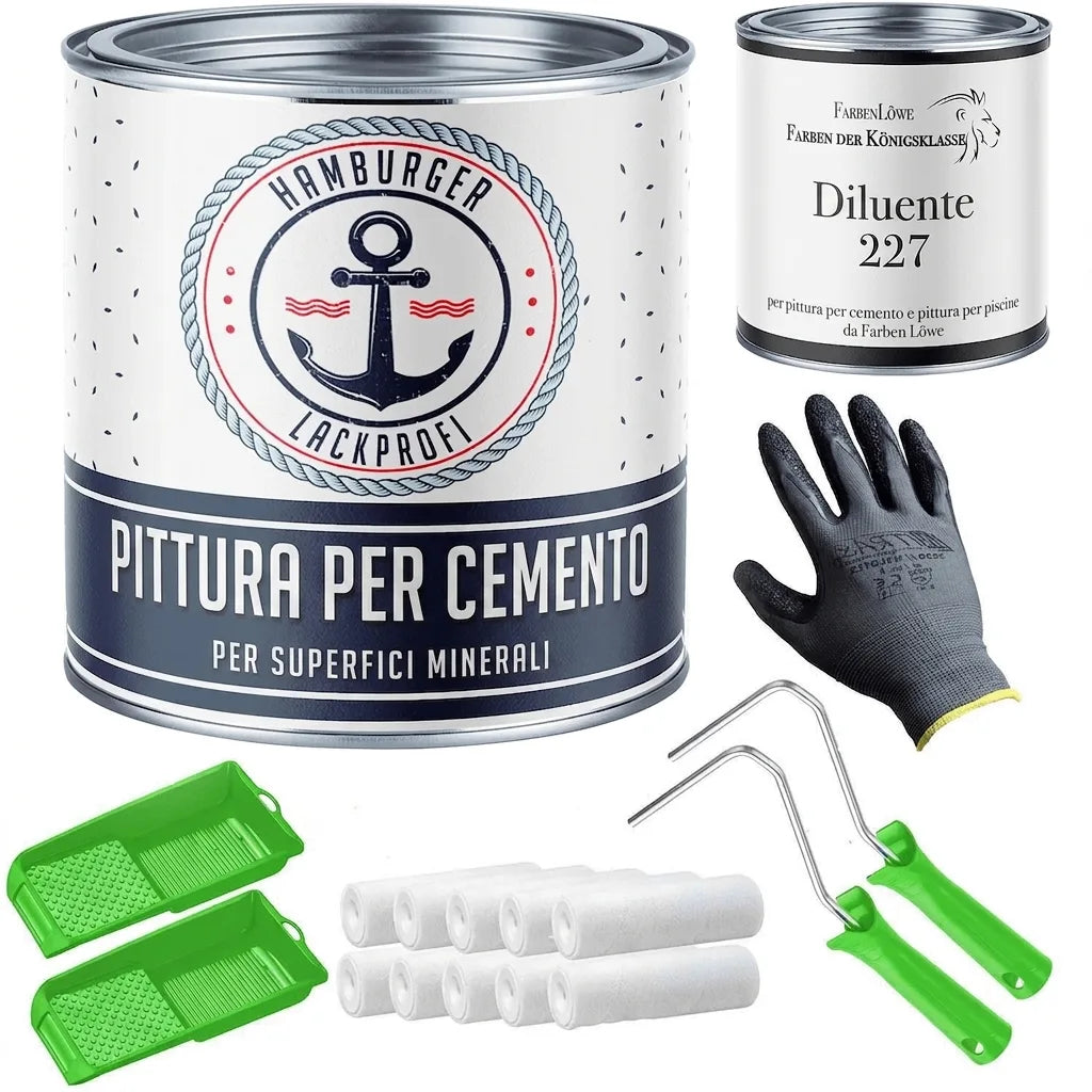 Kit vernice per cemento Hamburger Lackprofi con diluente, guanti, rulli e vaschette per pittura.