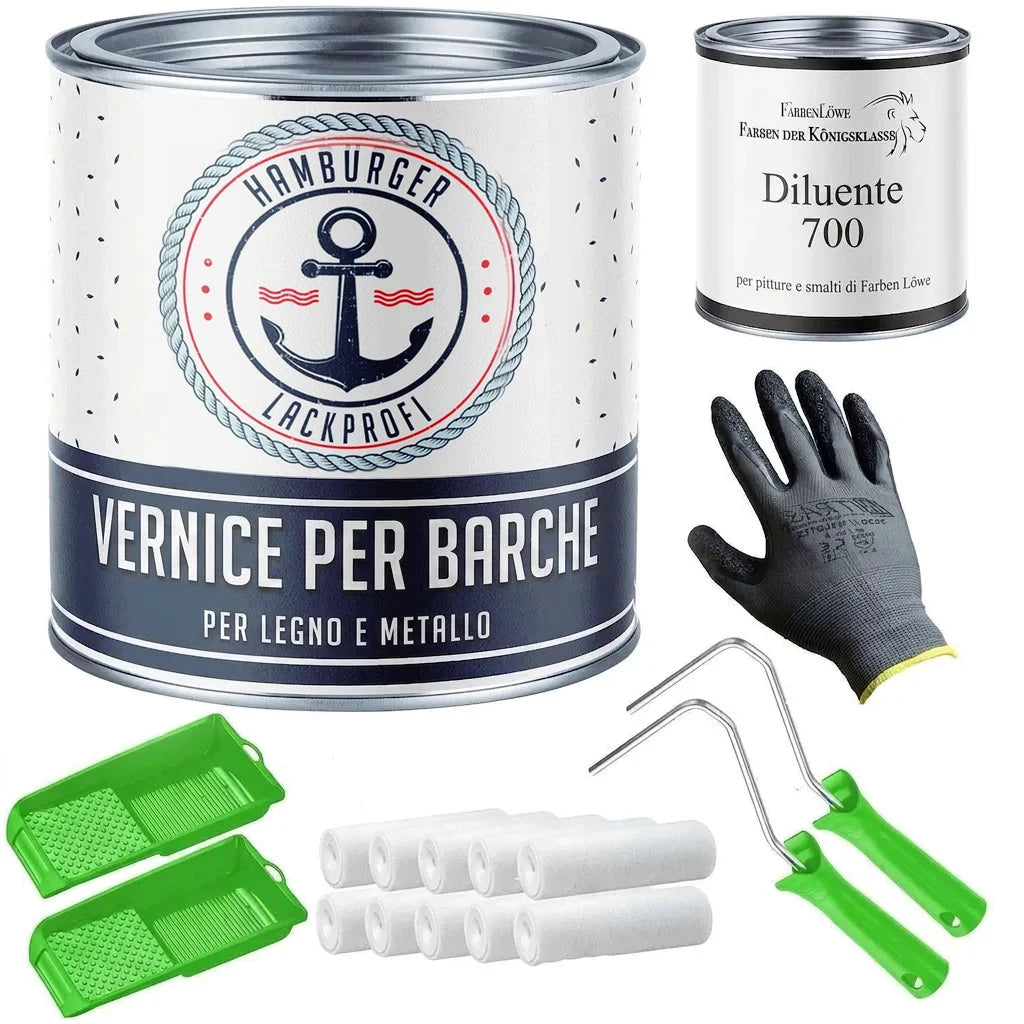 Kit completo per pittura barche: vernice, diluente, 8 rulli, 2 telai, 2 vaschette, guanto protettivo.