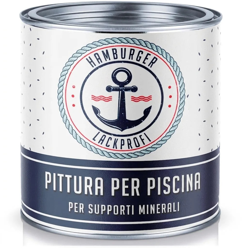 Lattina di vernice bianca per piscine con etichetta nautica blu/rossa e simbolo di ancora.